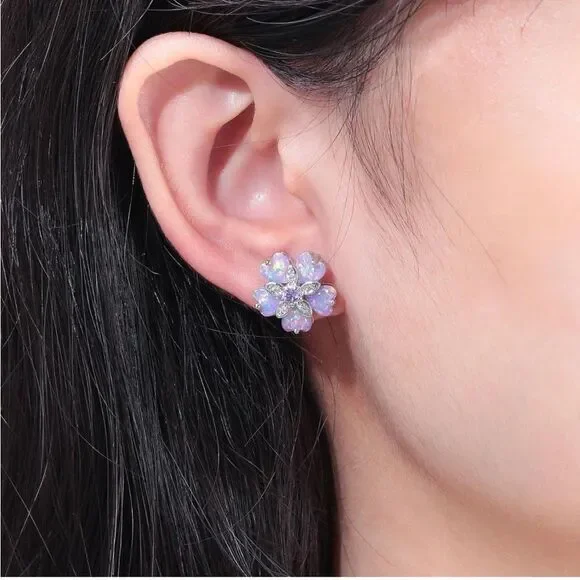 925 Sterling Silver with Purple Fire Opals and Purple Topaz Flower Stud Earrings